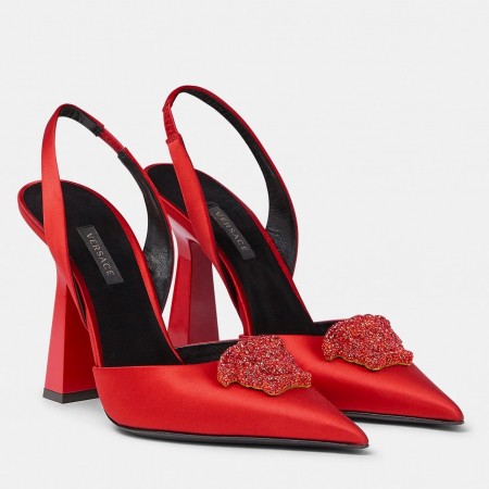 Versace La Medusa Slingback Pumps In Red Satin