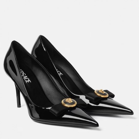 Versace Gianni Ribbon Pumps 80mm In Black Patent Leather