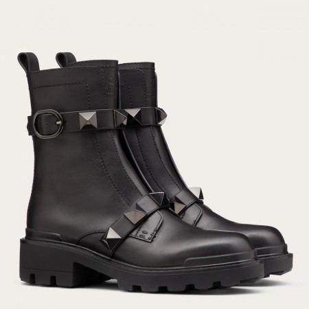 Valentino Black Roman Stud Combat Boots with Tonal Studs