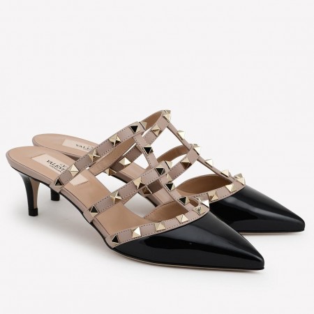 Valentino Rockstud Mules 50mm In Black Patent Calfskin