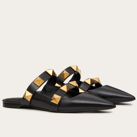 Valentino Roman Stud Flat Mules In Black Leather