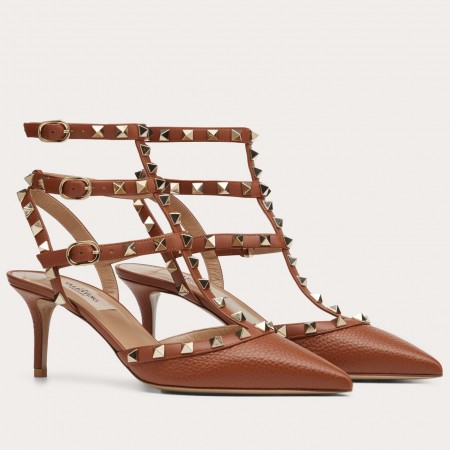 Valentino Rockstud Caged Pumps 65mm In Brown Grained Leather