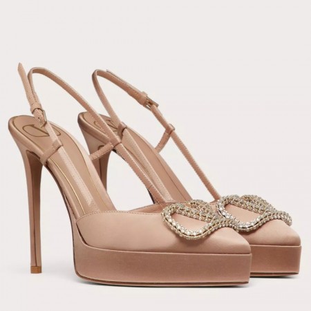 Valentino VLogo Signature Slingback Platform Pumps 120mm In Nude Satin