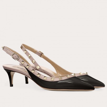 Valentino Rockstud Slingback Pumps 50mm In Black Patent Leather