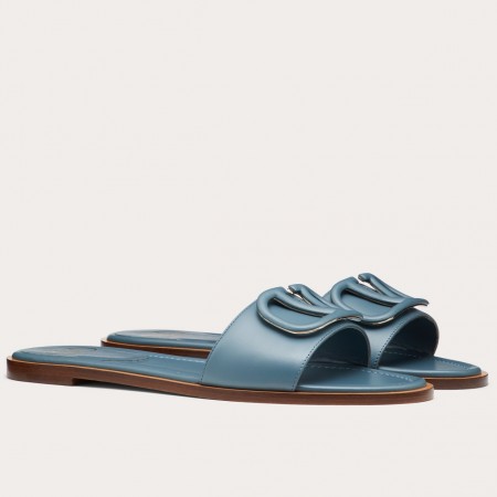 Valentino VLogo Signature Flat Slides In Blue Calfskin