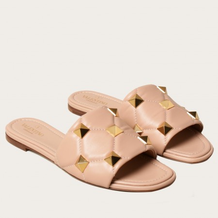 Valentino Roman Stud Flat Slides In Powder Quilted Nappa