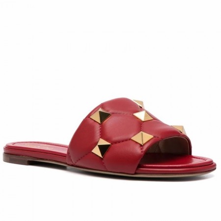 Valentino Roman Stud Flat Slides In Red Quilted Nappa