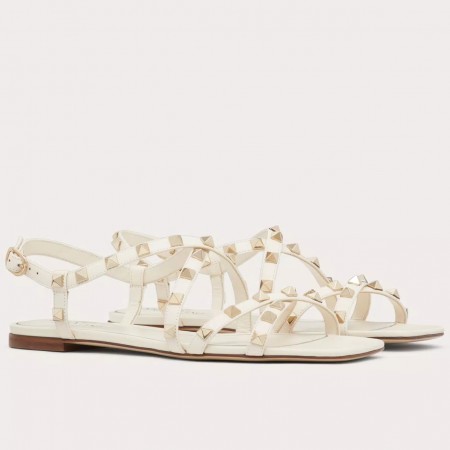 Valentino Rockstud Flat Sandals with Straps in White Leather 