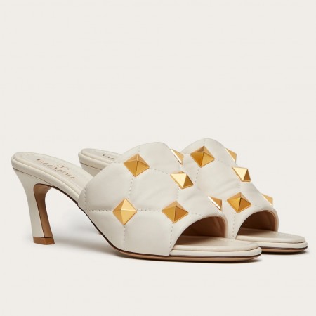 Valentino Roman Stud Slide Sandals 65mm In White Leather