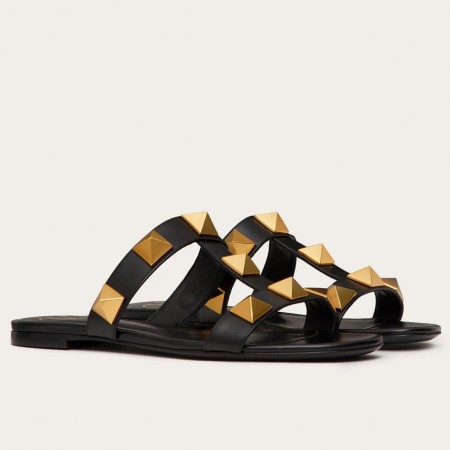 Valentino Roman Stud Flat Slides In Black Calfskin