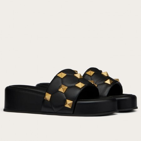 Valentino Roman Stud Flatform Slides In Black Nappa Leather