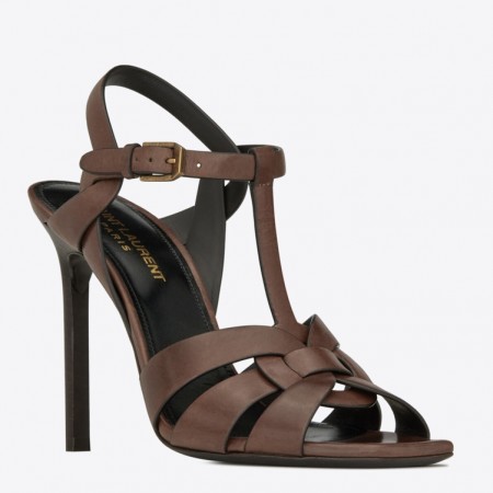 Saint Laurent Tribute Sandals 105 In Dark Brown Calfskin