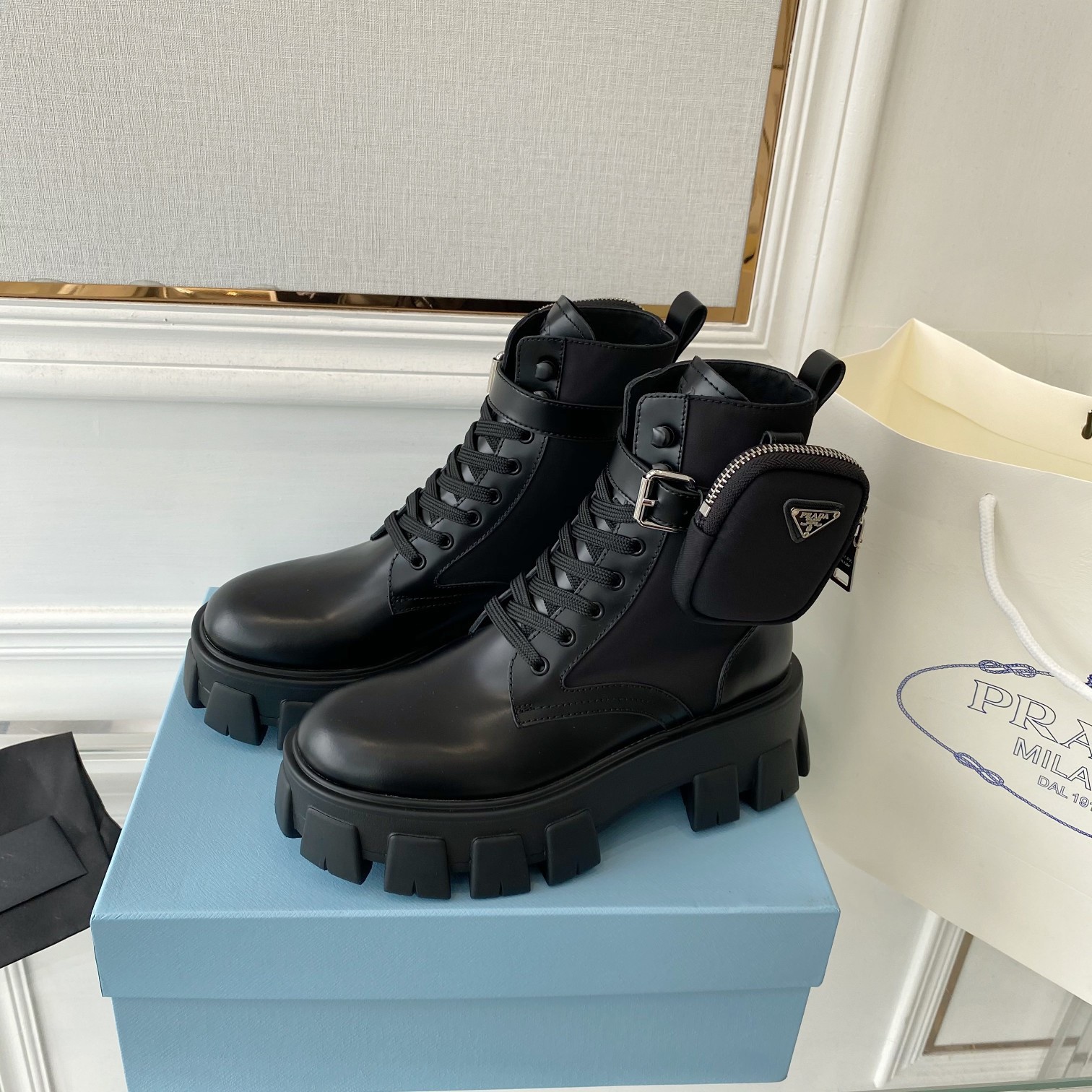 Replica Prada Monolith Boots in Black Leather and Nylon Fabric