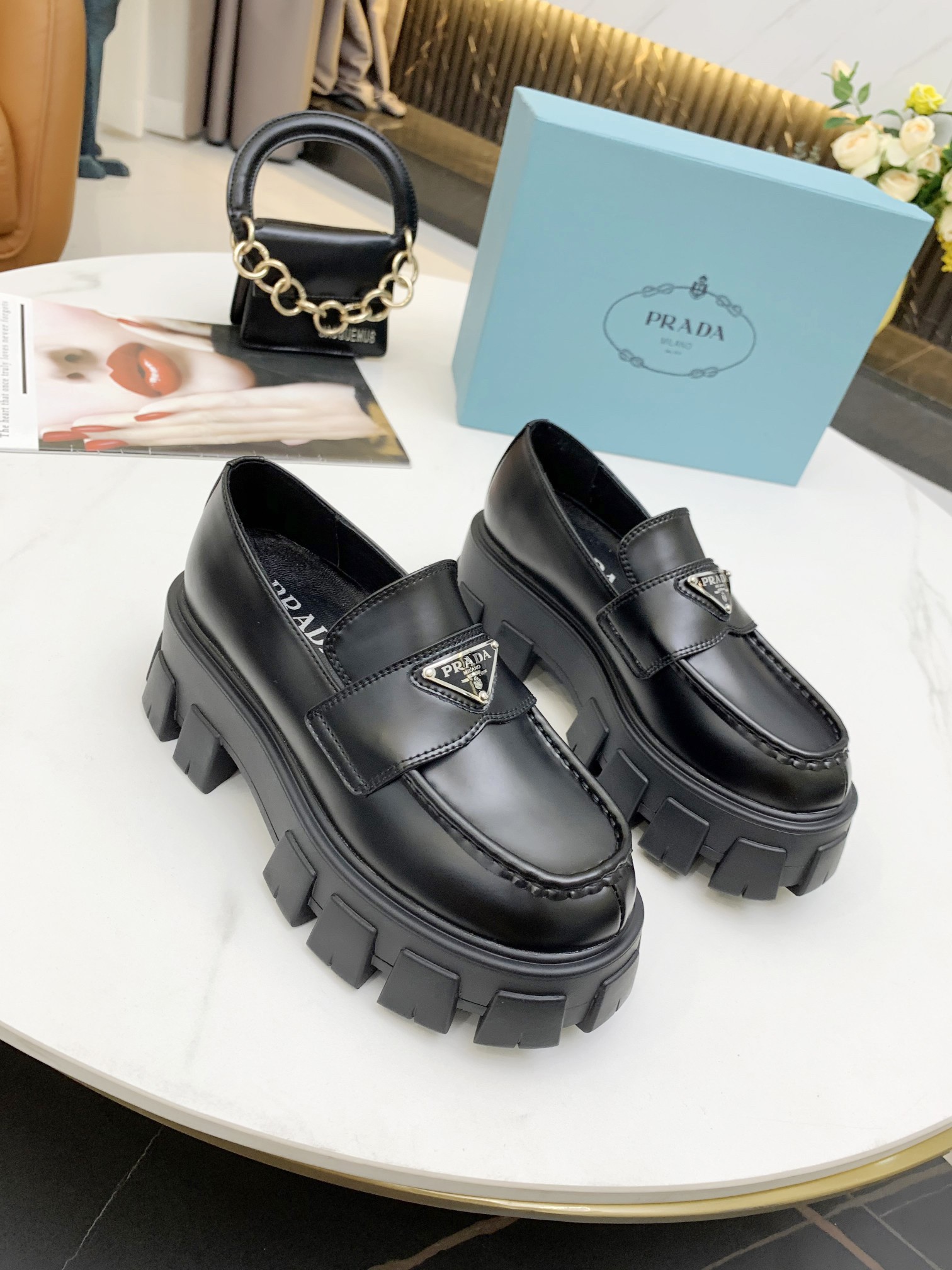 Replica Prada Women's Monolith Loafers In Black Brushed Leather