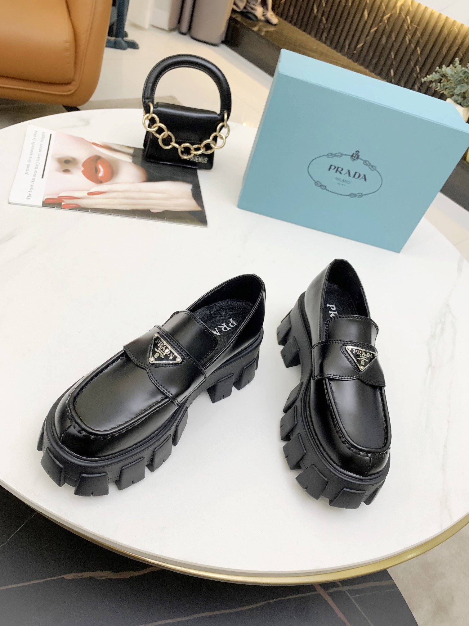 Replica Prada Women's Monolith Loafers In Black Brushed Leather