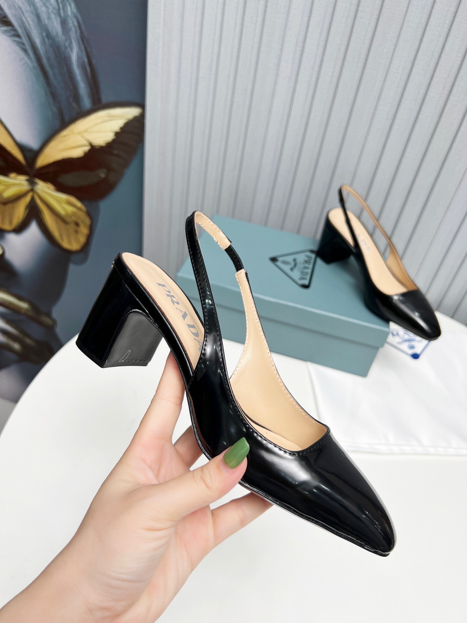 Replica Prada Slingbacks Pumps 65mm In Black Patent Leather