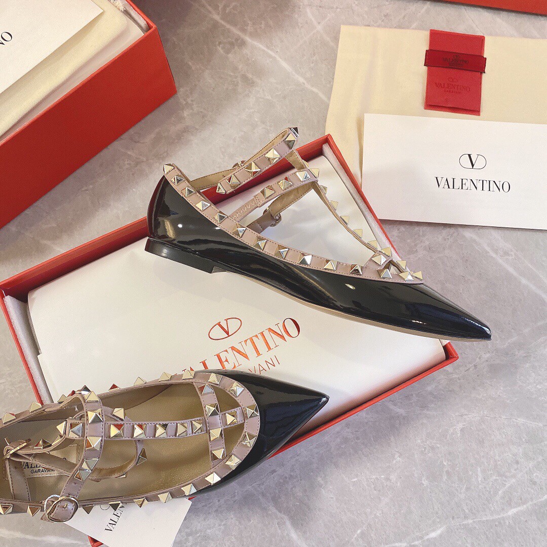 Replica Valentino Caged Rockstud Ballet Flats In Black Patent Leather