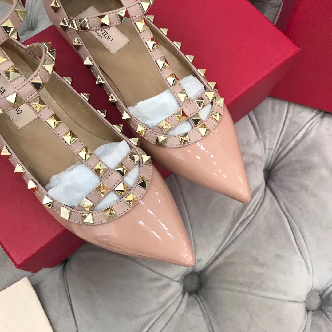 Replica Valentino Caged Rockstud Ballet Flats In Powder Patent Leather