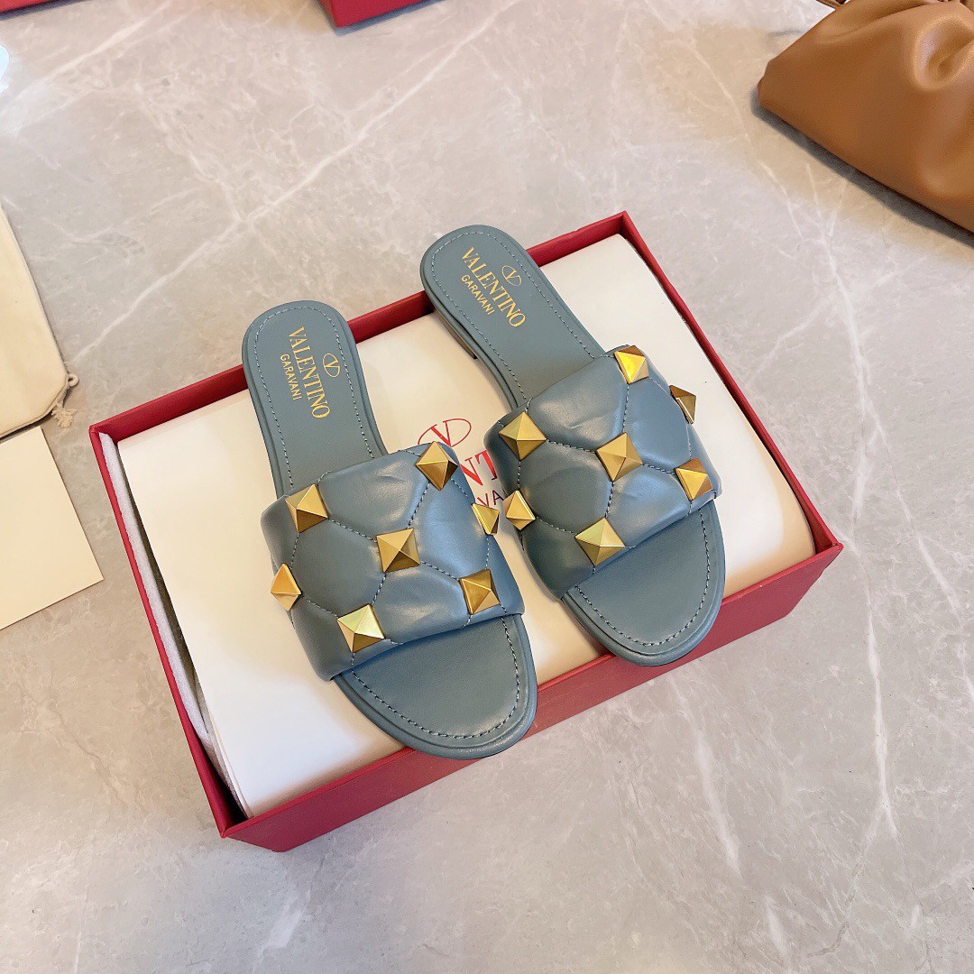 Replica Valentino Roman Stud Flat Slides In Blue Quilted Nappa