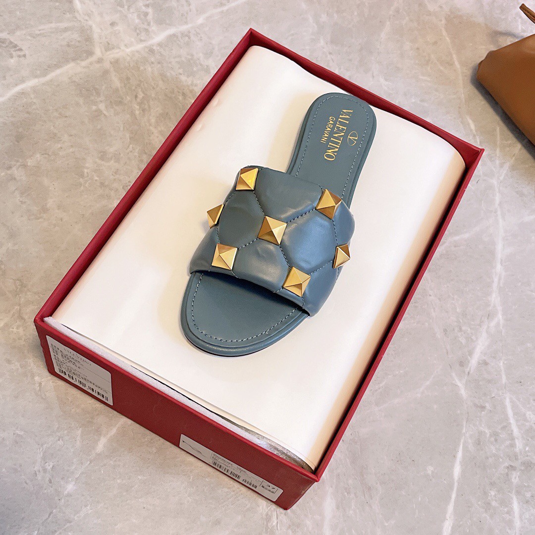 Replica Valentino Roman Stud Flat Slides In Blue Quilted Nappa