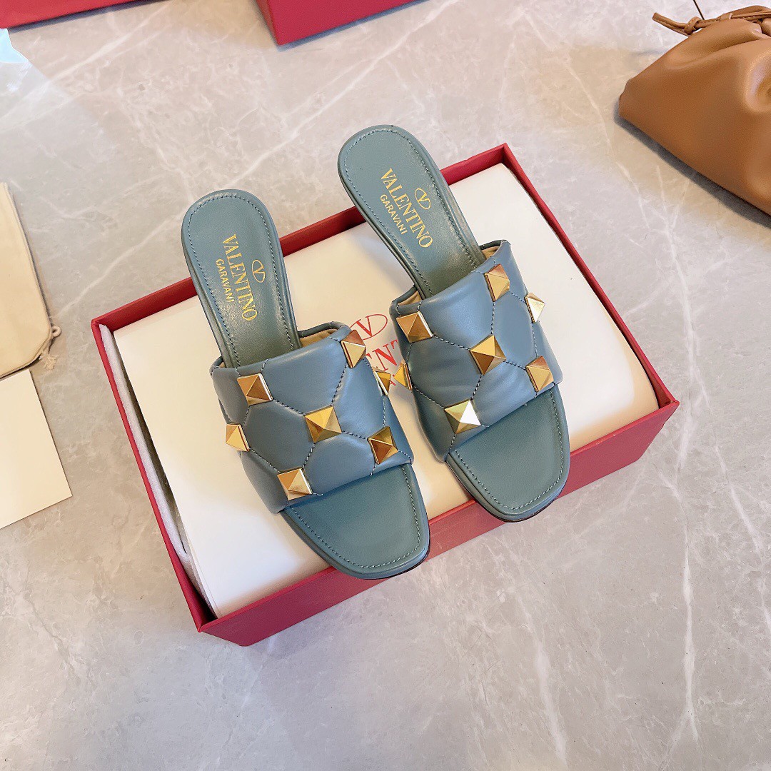 Replica Valentino Roman Stud Flat Slides In Blue Quilted Nappa