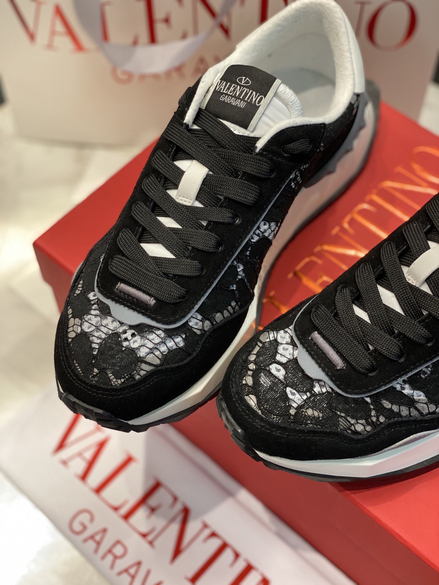 Replica Valentino Women's Lacerunner Sneakers in Black Lace and Mesh