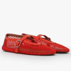 Alaia Ballet Flats in Red Mesh with Patent Leather