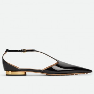 Bottega Veneta Rocket T-Bar Ballerina Flats In Black Patent Leather