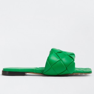 Bottega Veneta Lido Slides In Green Intreccio Lambskin