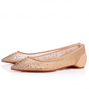 Christian Louboutin Follies Strass Flat Ballerinas In Nude Mesh