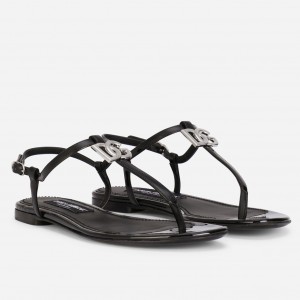 Dolce & Gabbana DG Thong Sandals In Black Patent Leather  