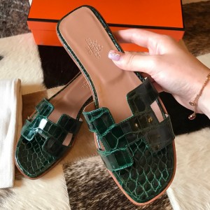 Replica Hermes Oran Sandals In Aqua Lizard Leather