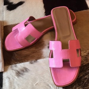 Hermes Oran Slide Sandals In Pink Lizard Leather