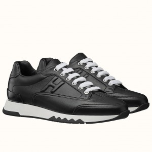 Hermes Men's Trail Sneakers In Black Calfskin Leather