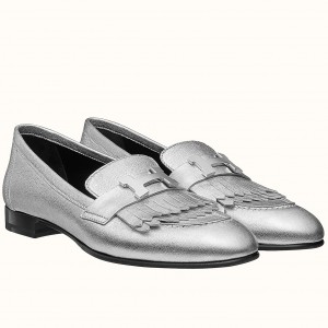 Hermes Women's Royal Loafers In Silver Metallic Lambskin
