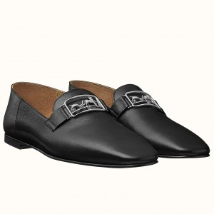 Hermes Women's Time Loafers In Black Goatskin