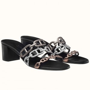 Hermes Tandem 50mm Sandals In Gold/Silver Lambskin 