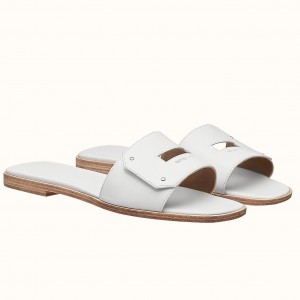 Hermes View Slide Sandals In White Leather