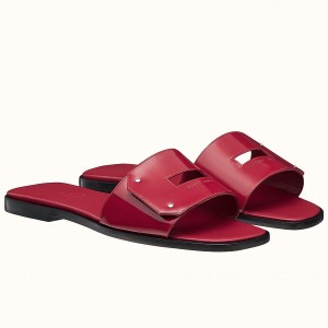 Hermes View Slide Sandals In Red Patent Calfskin