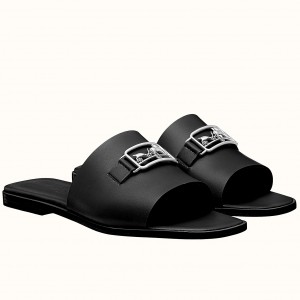Hermes Villa Slide Sandals In Black Leather