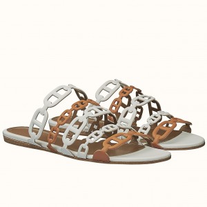Hermes Thalassa Slide Sandals In Brown/White Lambskin