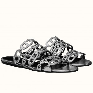 Hermes Thalassa Slide Sandals In Silver Lambskin