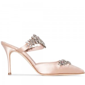 Manolo Blahnik Lurum Crystal 90mm Mules In Pink Satin