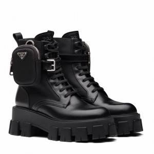 Prada Monolith Boots in Black Leather and Nylon Fabric