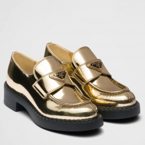 Prada Women's Loafers In Gold Metallic Leather