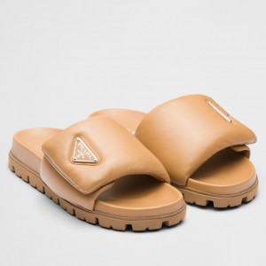 Prada Slides In Brown Soft Padded Nappa Leather