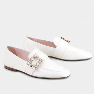 Roger Vivier Mini Broche Buckle Loafers in White Patent Leather