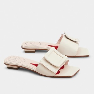 Roger Vivier Covered Buckle Mules in White Leather