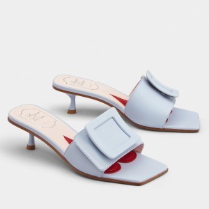 Roger Vivier Covered Buckle 45mm Mules in Blue Leather