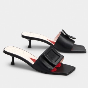 Roger Vivier Covered Buckle 45mm Mules in Black Leather